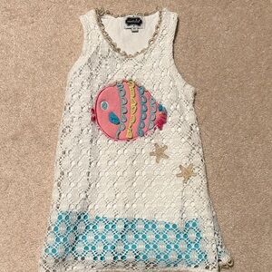 Mud Pie White Lace Dress with Pink Fish Design